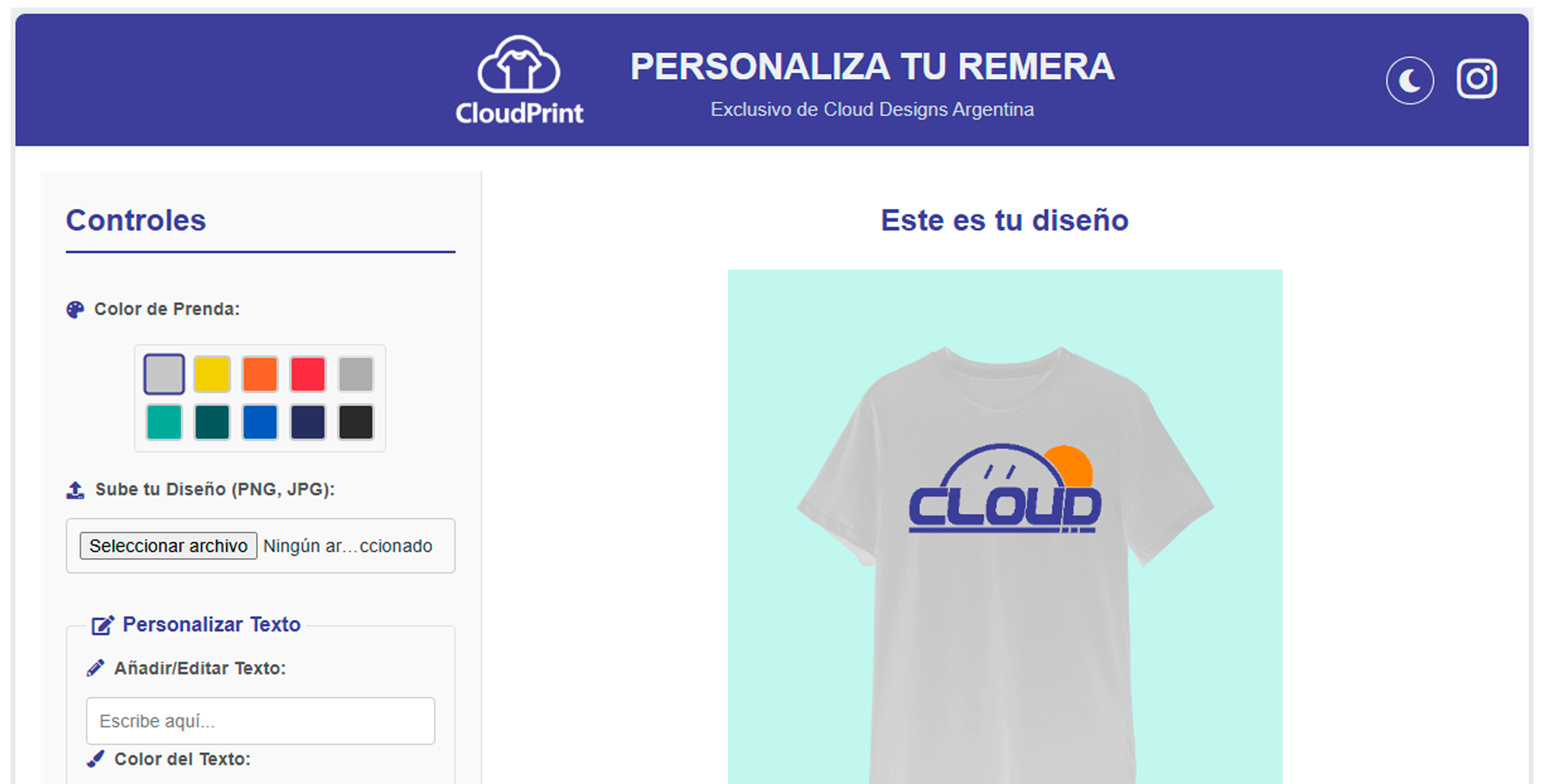Mockup del personalizador de remeras online Cloud Designs Argentina